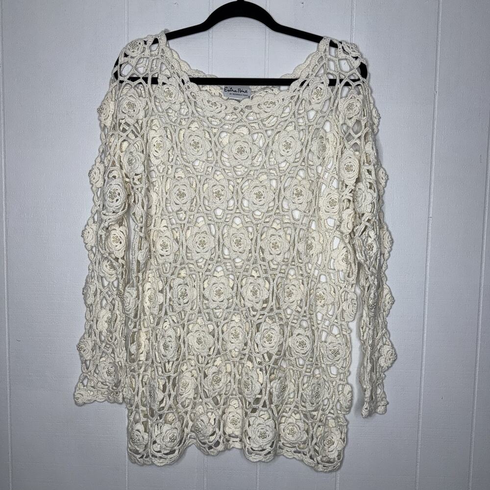 Extra Point Vintage Crochet Floral Sweater Pearl Beads Grandma Core Whimsy 1X